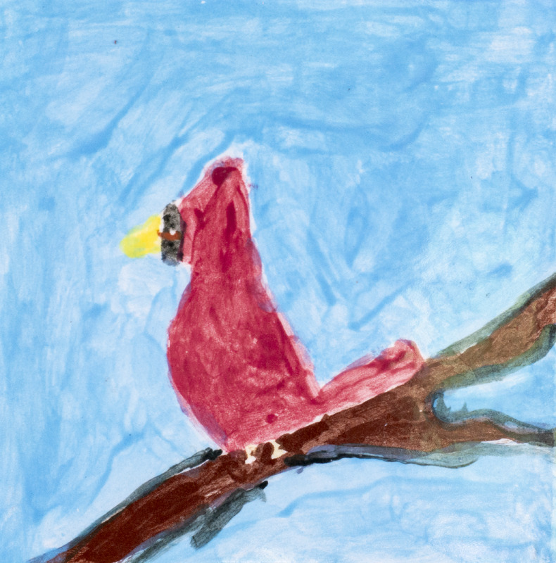 Painting of a cardinal sitting on a branch with a blue background.
