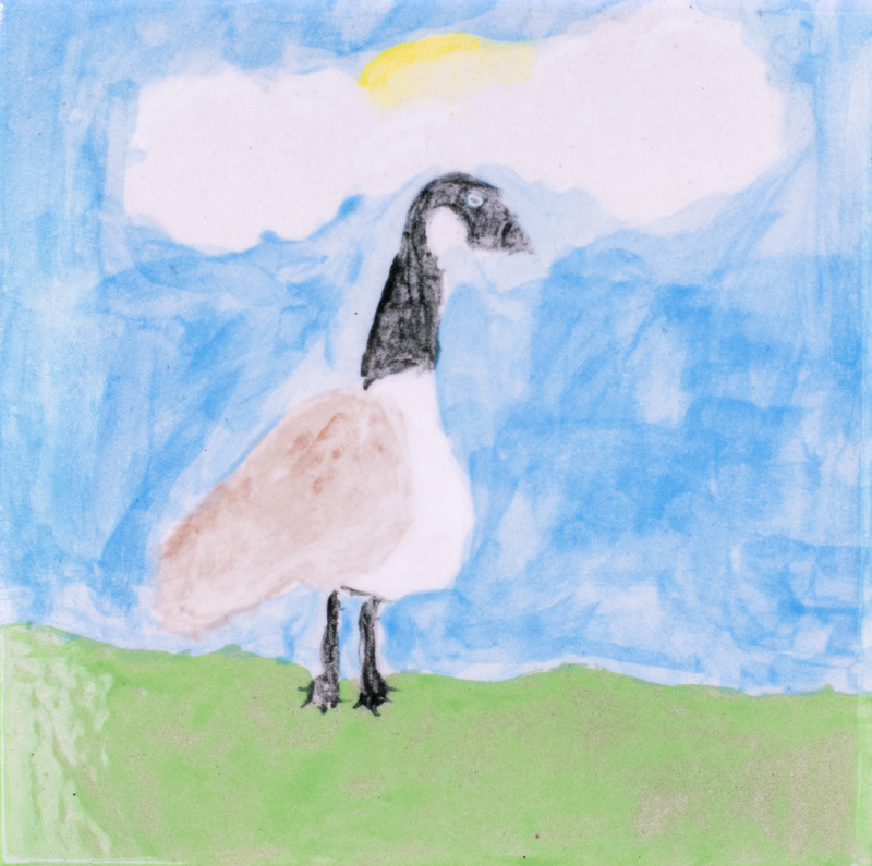 Painting of a goose with a black head and neck standing on green grass under a blue sky with a white cloud and yellow sun.