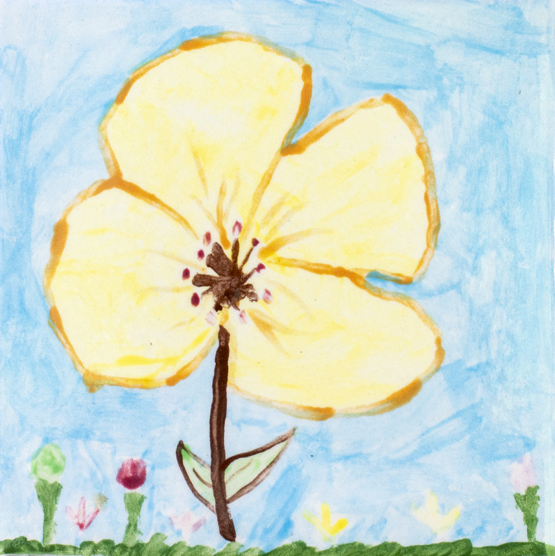 Painting of large yellow flower surrounded by smaller flowers against blue sky.