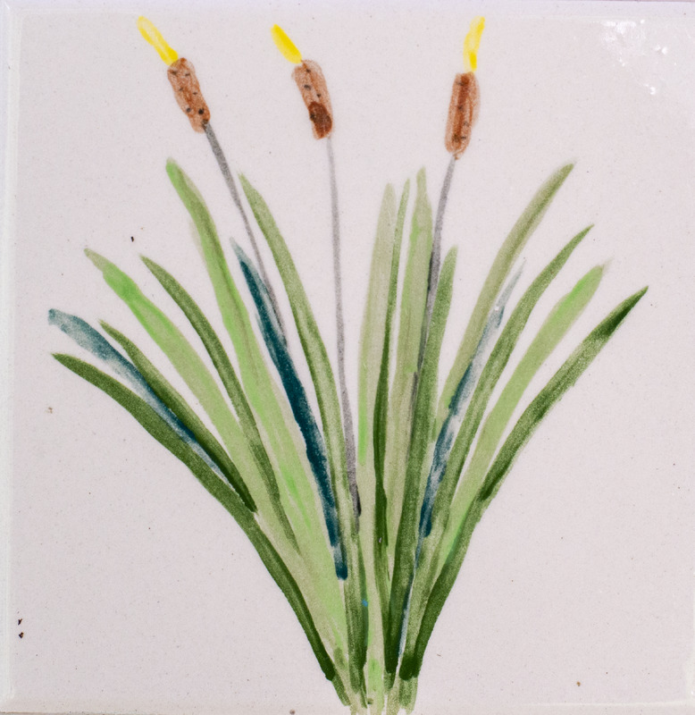 Painting of cattails with green leaves against white background.