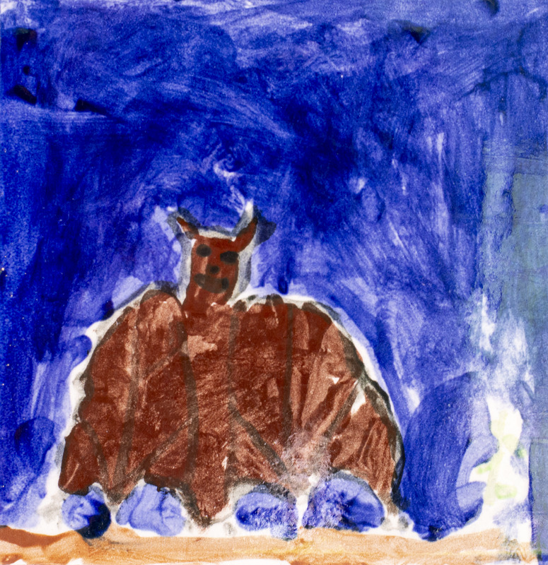 Painting of a brown bat with its wings open in front of a dark blue sky