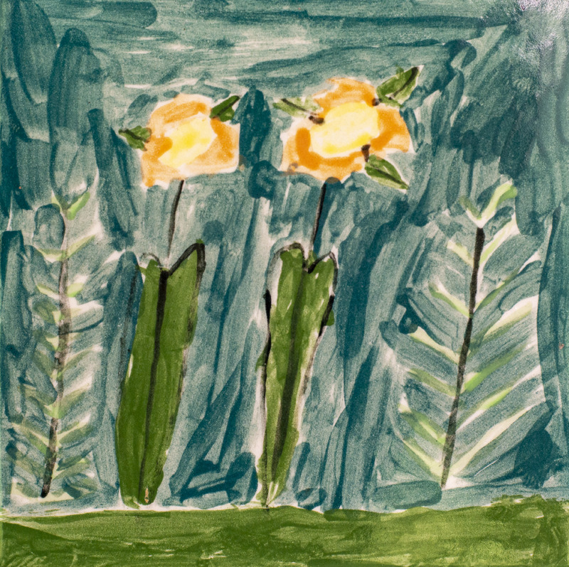 Painting of two orange flowers with green stems next to two green plants growing from the ground and in front of a blue sky.