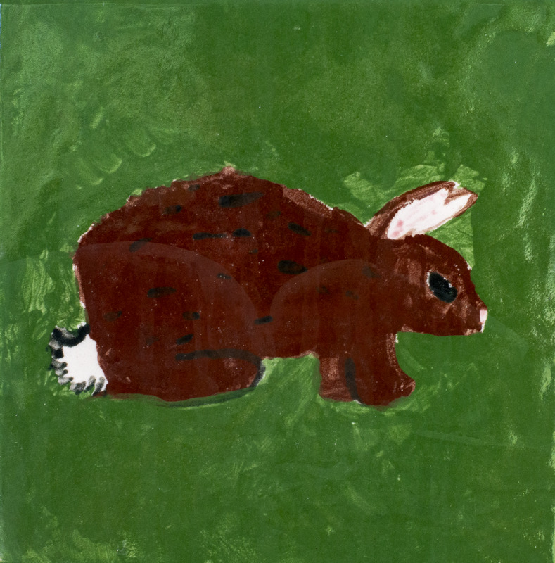 Painting of brown rabbit with white ears and tail against green background.