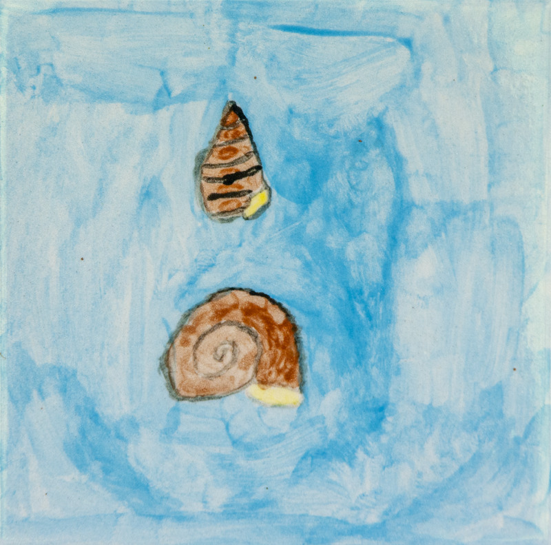 Painting of two seashells on a light blue background: one spiral shell below and one cone-shaped shell above, both brown with yellow accents.