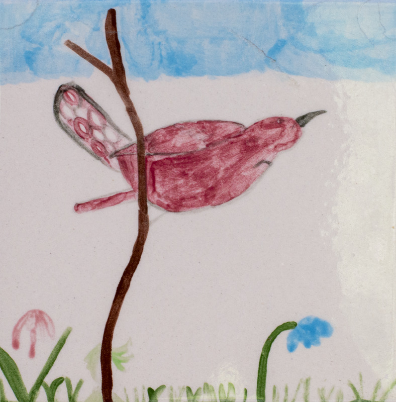 Painting of a red bird on a brown twig.