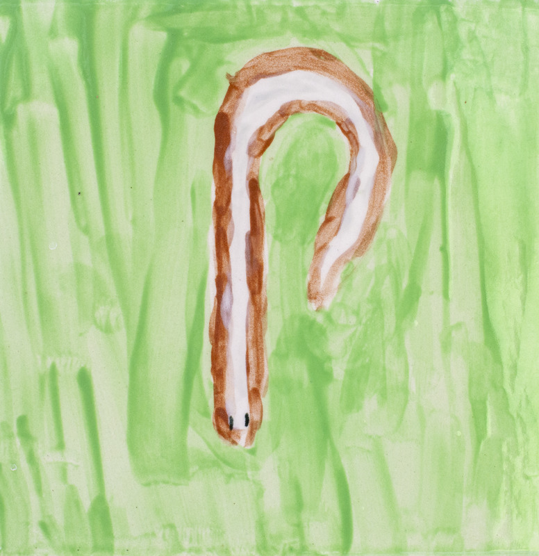 Painting of a worm with a green background.