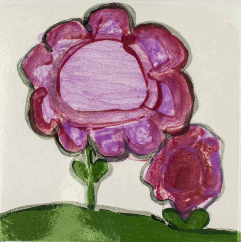 Painting of two round, pink flowers growing out of green grass.