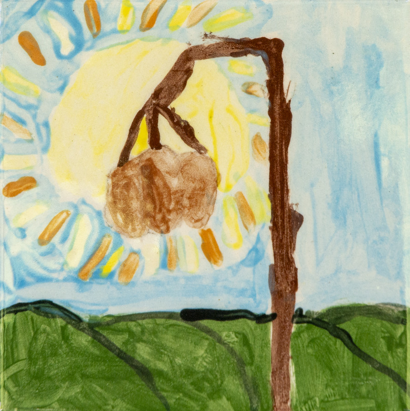 Painting of a brown branch with a hanging seed pod, bright yellow sun behind it, and green ground below.