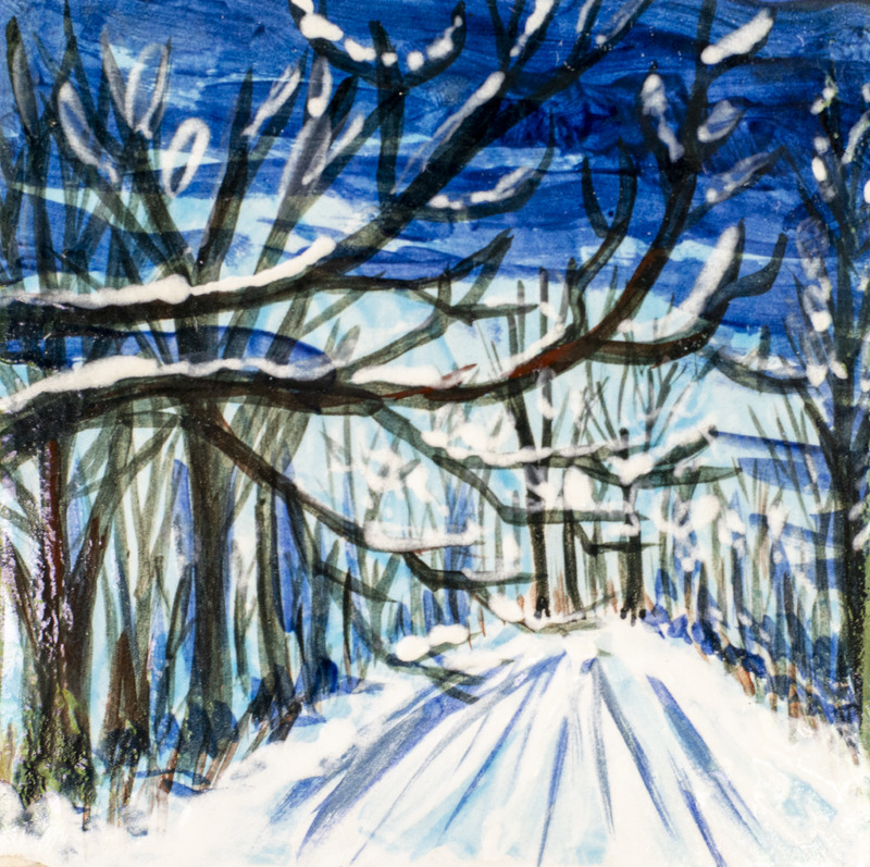 Painting of a snow-covered winter trail, lined with tall trees, with a blue sky background.