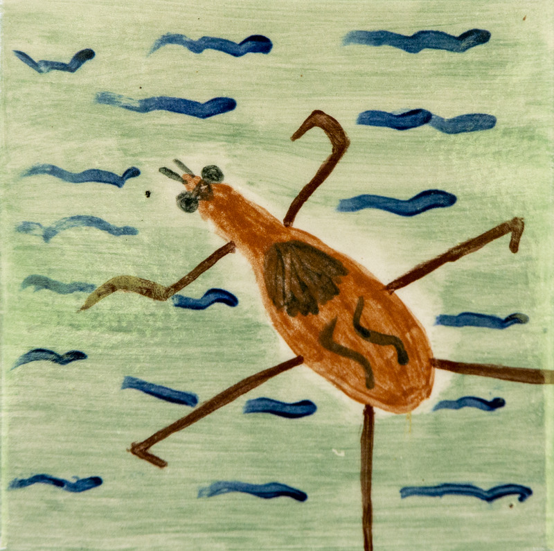 Painting of brown insect with long legs on water.
