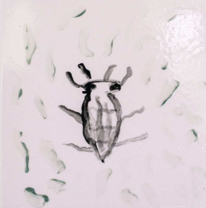 Painting of a black water bug with green details and a white background.