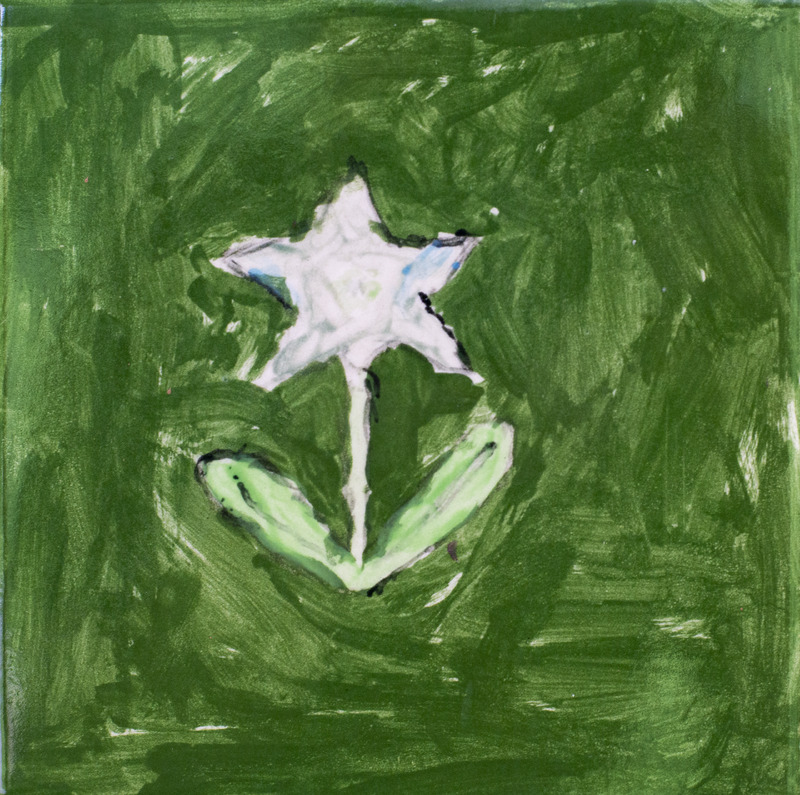 Painting of a white flower with a long stem and two green leaves against a green background.
