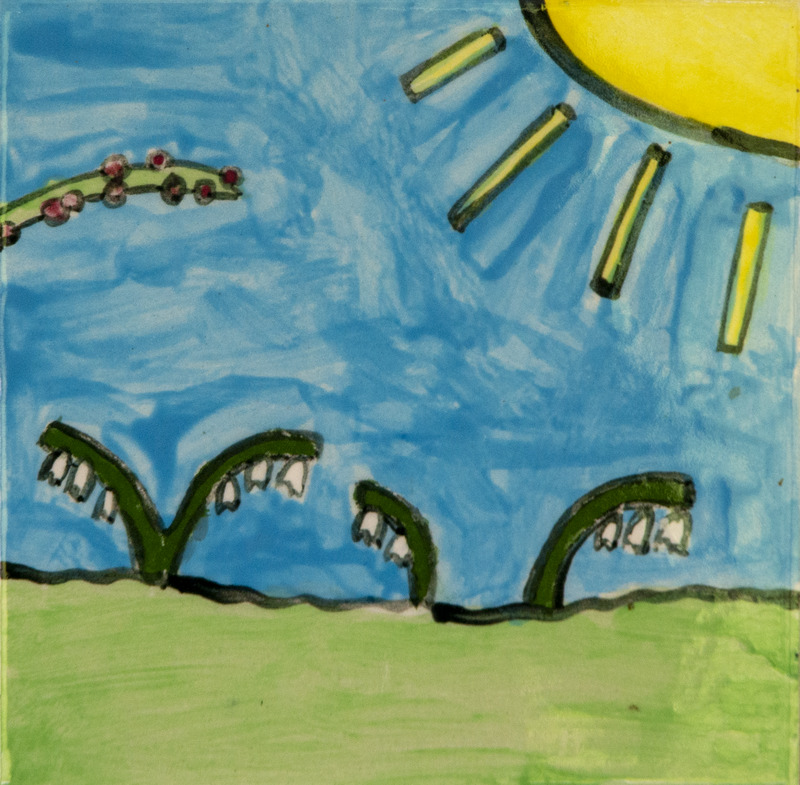 Painting of green plants with small white flowers growing from the ground under a blue sky, with a bright yellow sun in the corner.
