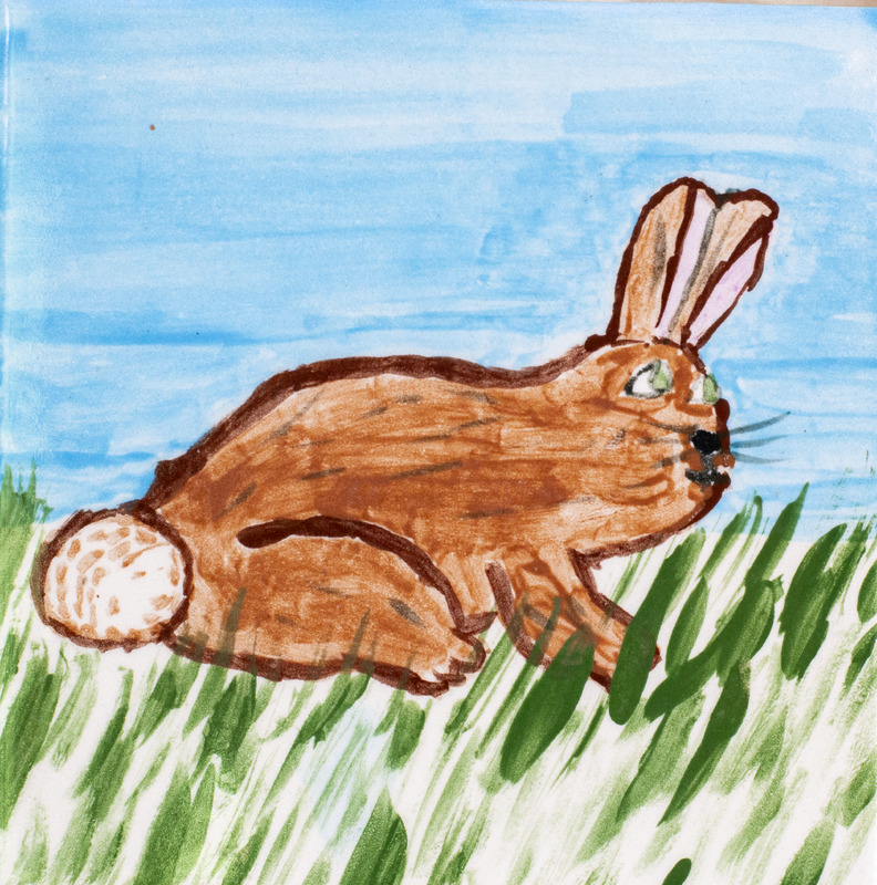 Painting of brown rabbit sitting in grass with blue sky.