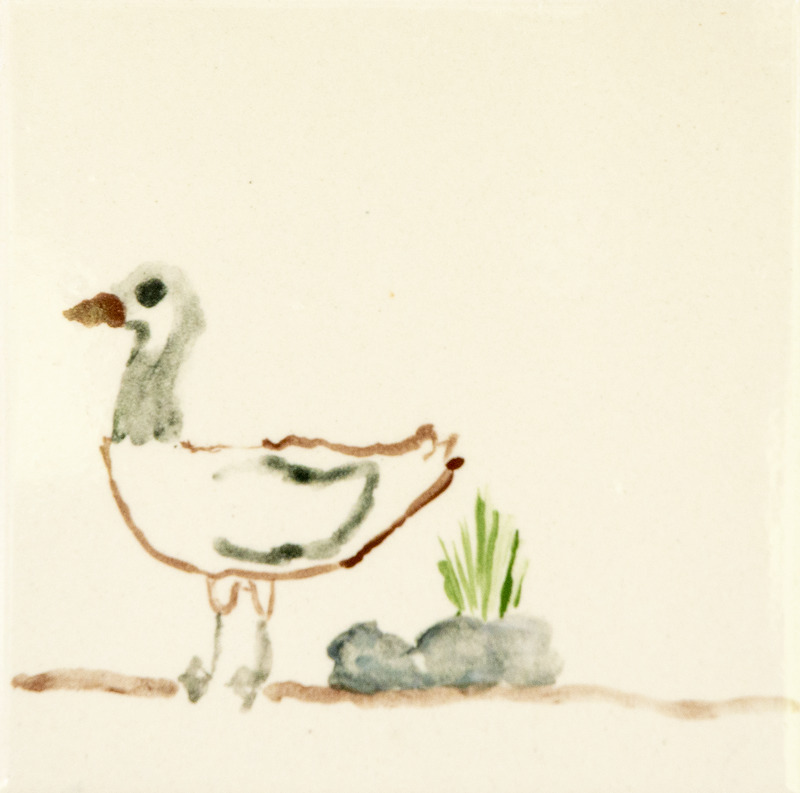 Painting of a white goose with a brown outline standing beside gray rocks and green grass.