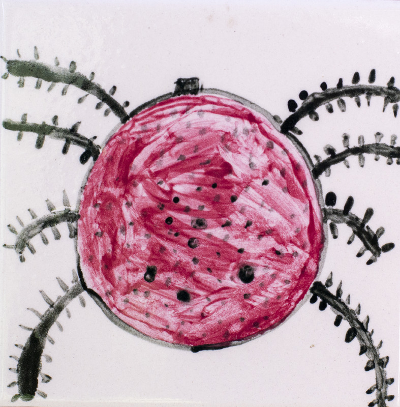 Painting of water mite with red body and eight black legs against white background.