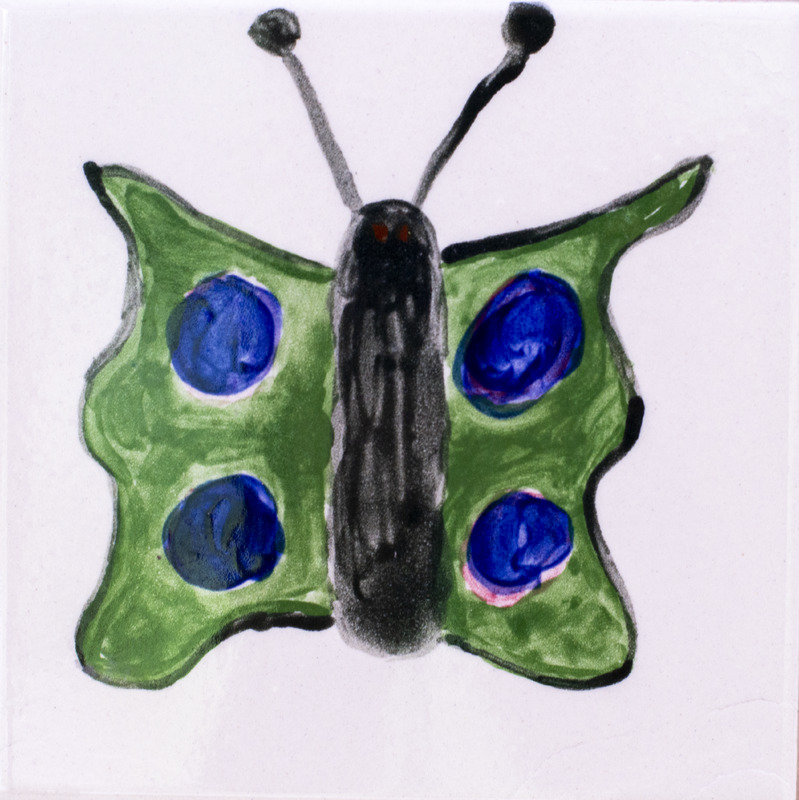 Painting of a green butterfly with a black body, two antennae, and four large blue spots on its wings.
