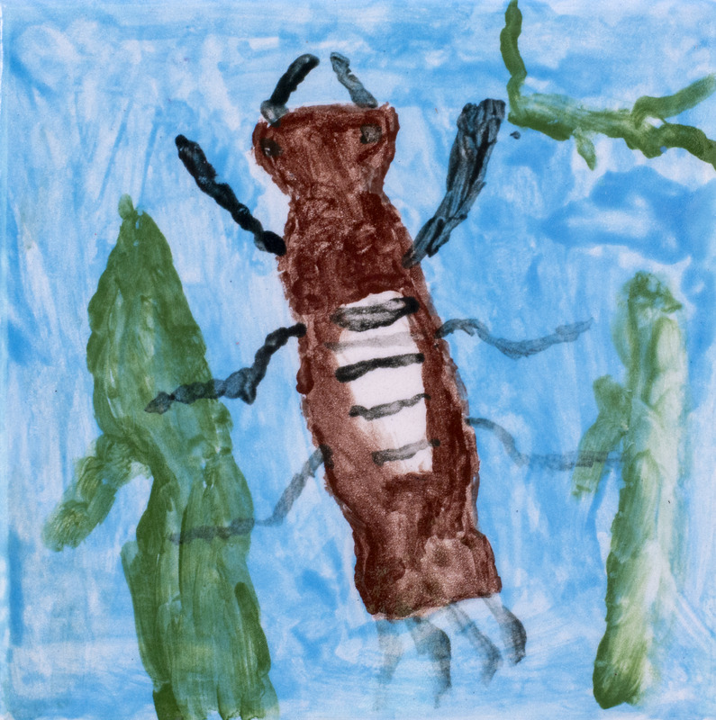 Painting of a brown waterbug floating in the water.