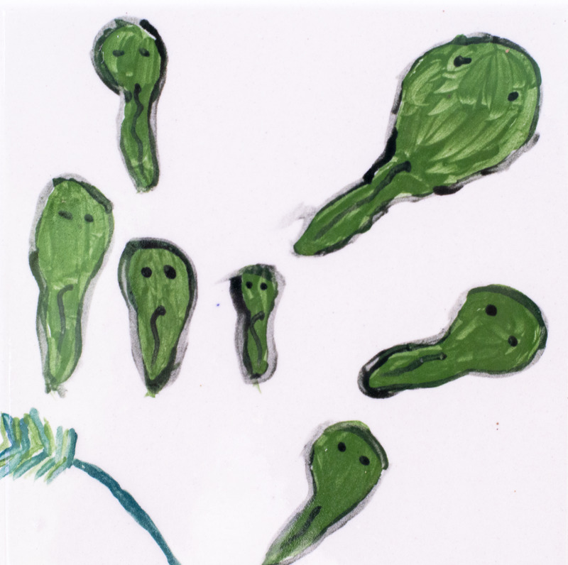 Painting of several green tadpoles with small black eyes and tails swimming on a white background
