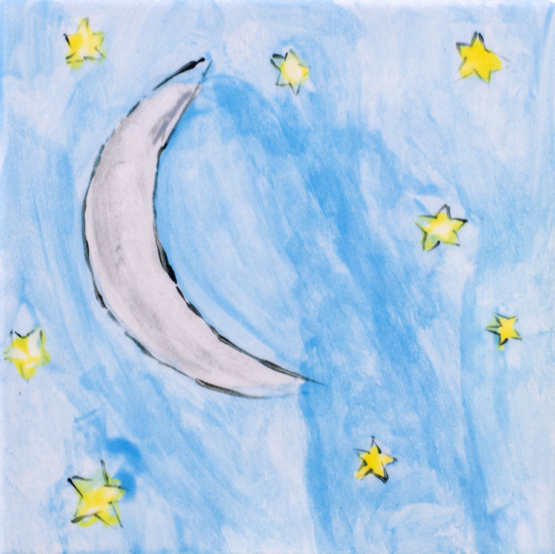 Painting of a crescent moon in a blue sky surrounded by several yellow stars.