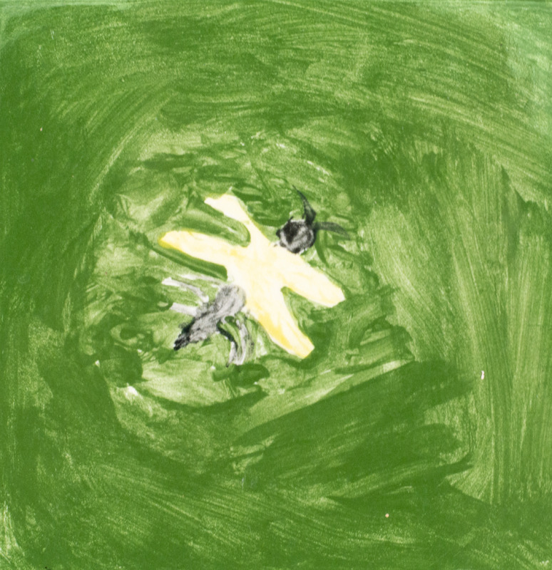 Painting of a yellow dragonfly with a green background.