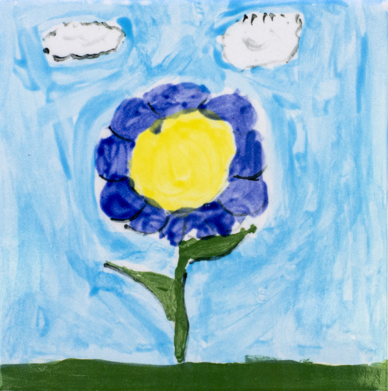 Painting of blue flower with blue sky.