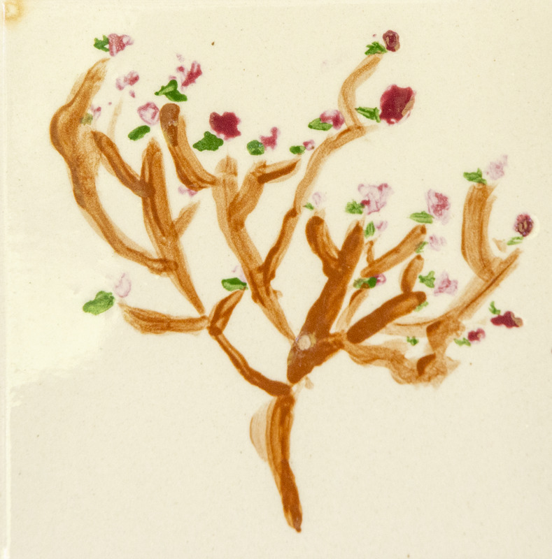 Painting of brown tree branches with small green leaves and pink cranberries.