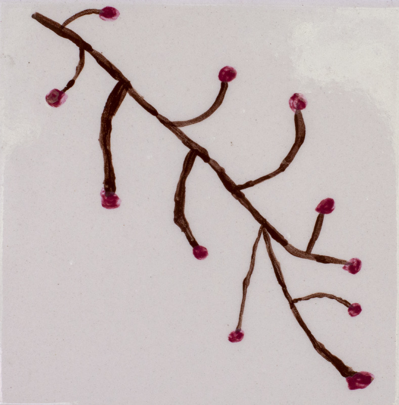 Painting of a brown branch with red berries on the ends of the twigs.