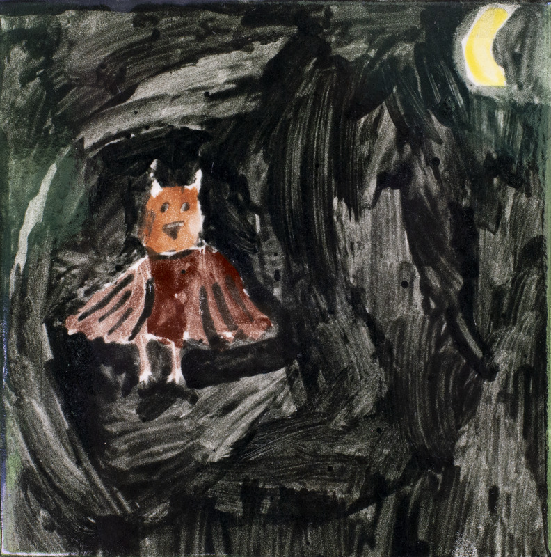 Painting of a brown bat in night sky with the moon in the background.