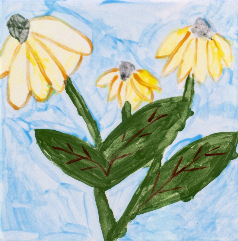 Painting of three yellow black-eyed Susan flowers with dark centers and green leaves against a light blue background.