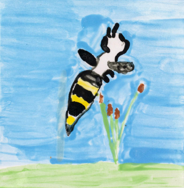 Painting of a black and yellow bee flying to red flowers with a blue background.