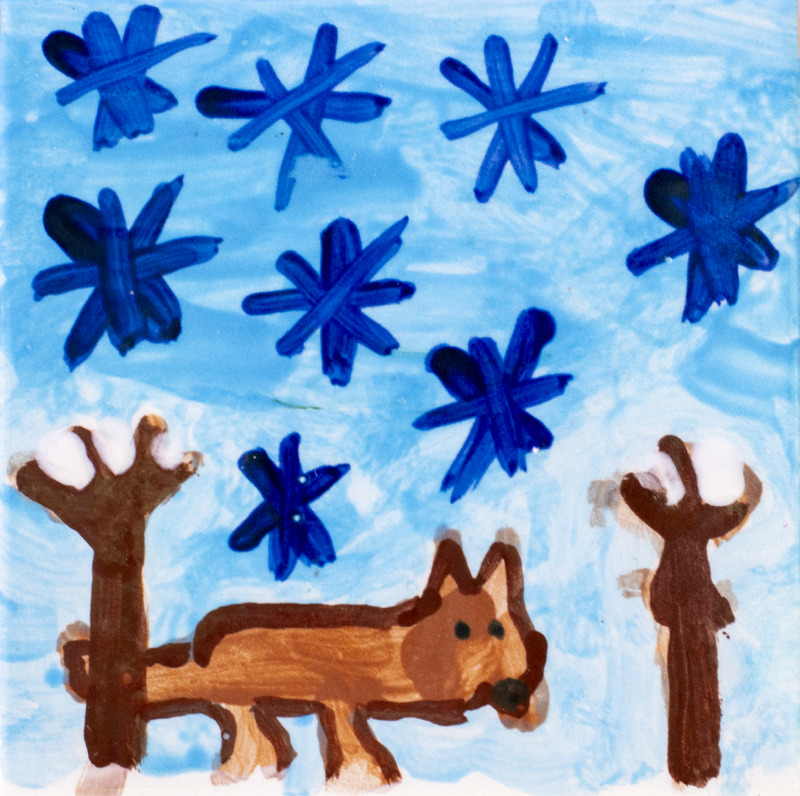 Painting of a fox between two snowy trees with blue snowflakes above.