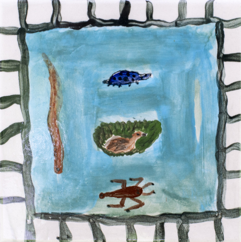 Painting of pond animals including a long brown worm, a blue spotted turtle, a small brown duck in green reeds, and a brown insect inside a fenced blue pond.