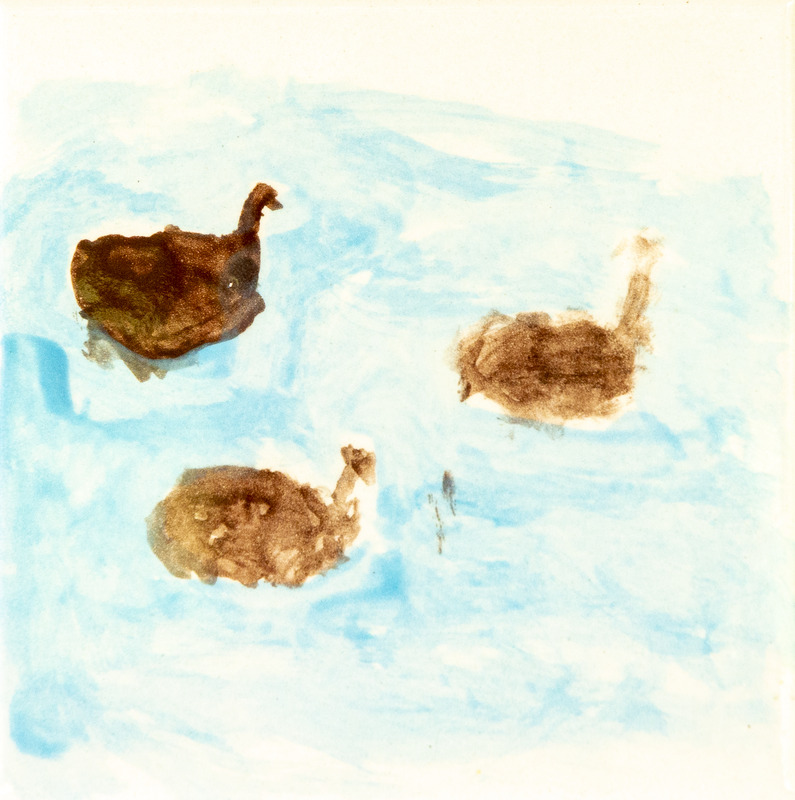 Painting of three brown geese swimming in light blue water, spaced apart.