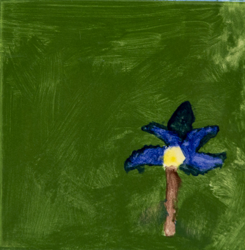 Painting of a flower with dark-blue petals and a yellow center on a brown stem, set against a green background.