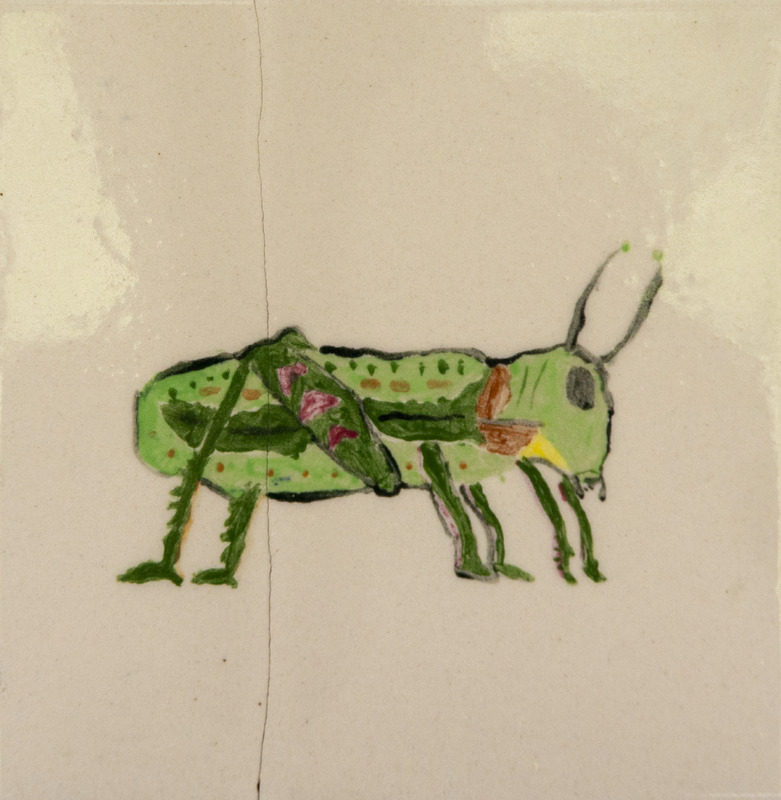 Painting of a green grasshopper with dotted markings on its body, folded wings with pink accents, and thin antennae.