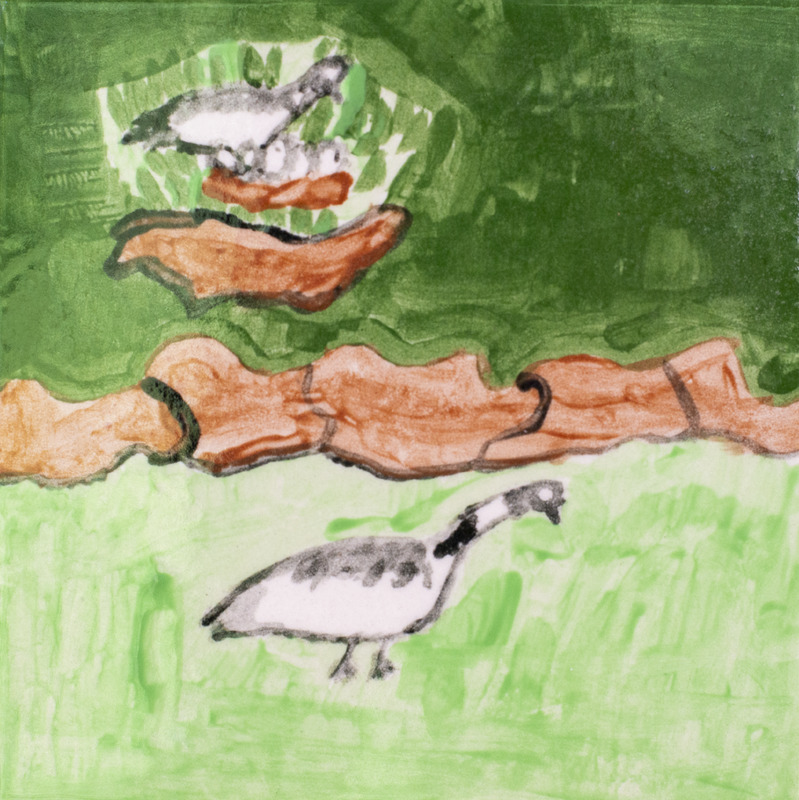 Painting of two geese near a pond with grass and a brown log, with one goose standing on the grass and another near the water.