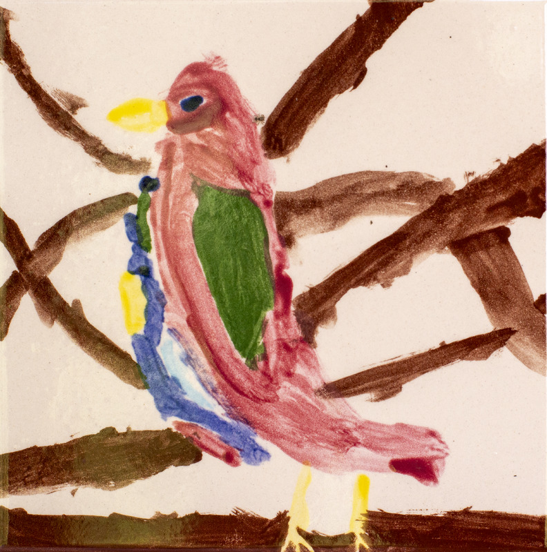 Painting of a red bird with blue, green, and yellow details sitting on a branch.