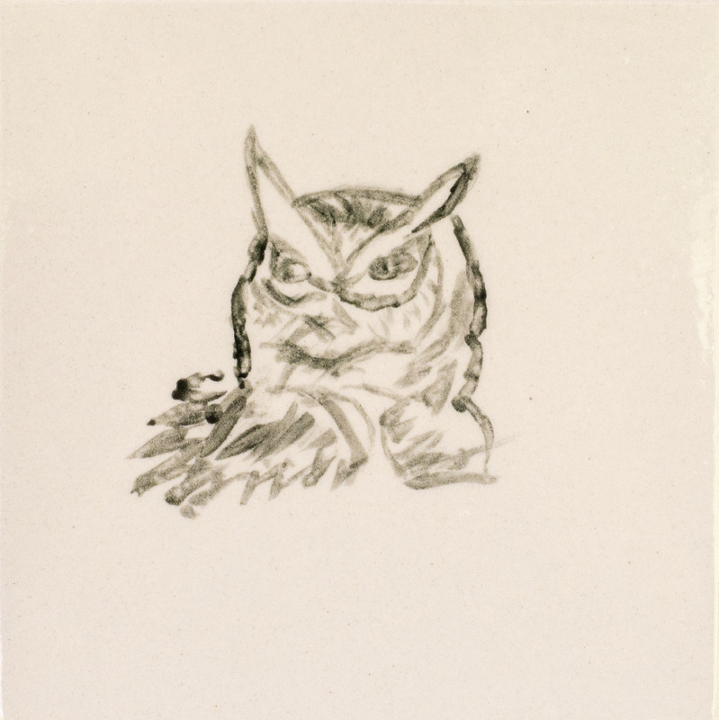 Painting of a black great horned owl head over a white background.