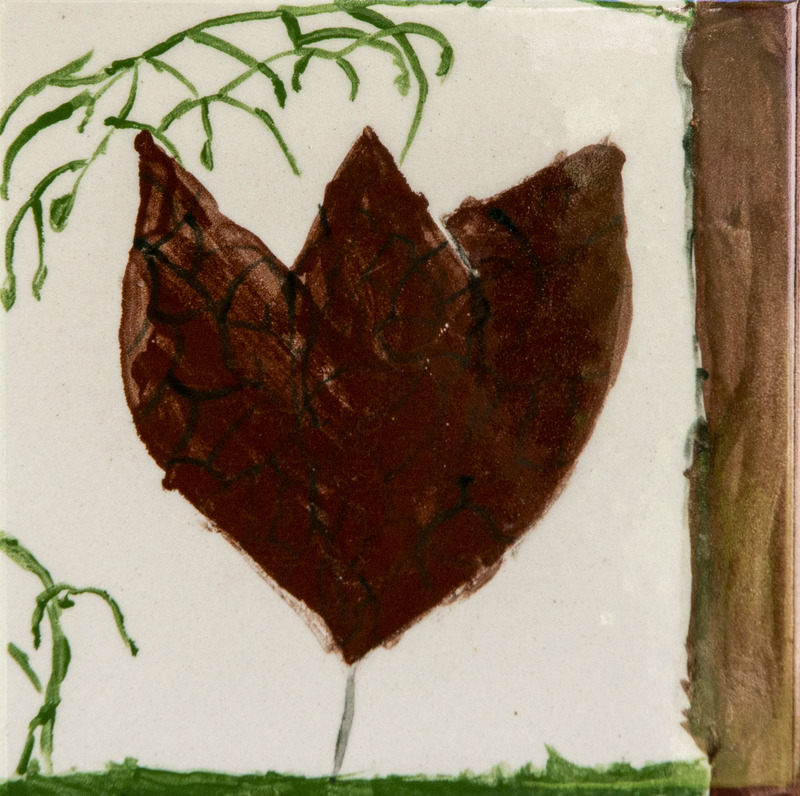 Painting of a brown bladdernut leaf with dark veins, hanging from a thin stem.