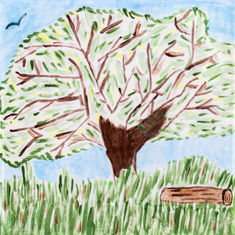 Painting of tree with green and yellow leaves growing in grass with log nearby and small black bird flying in blue sky.