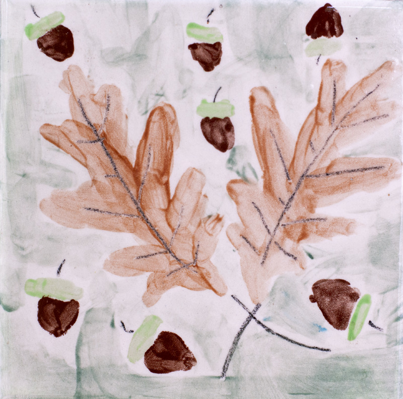 Painting of brown leaves and acorns.