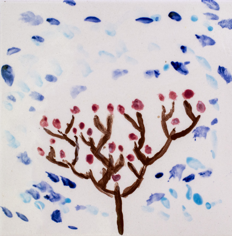 Painting of a small cranberry plant with brown branches and pink berries under a blue sky.