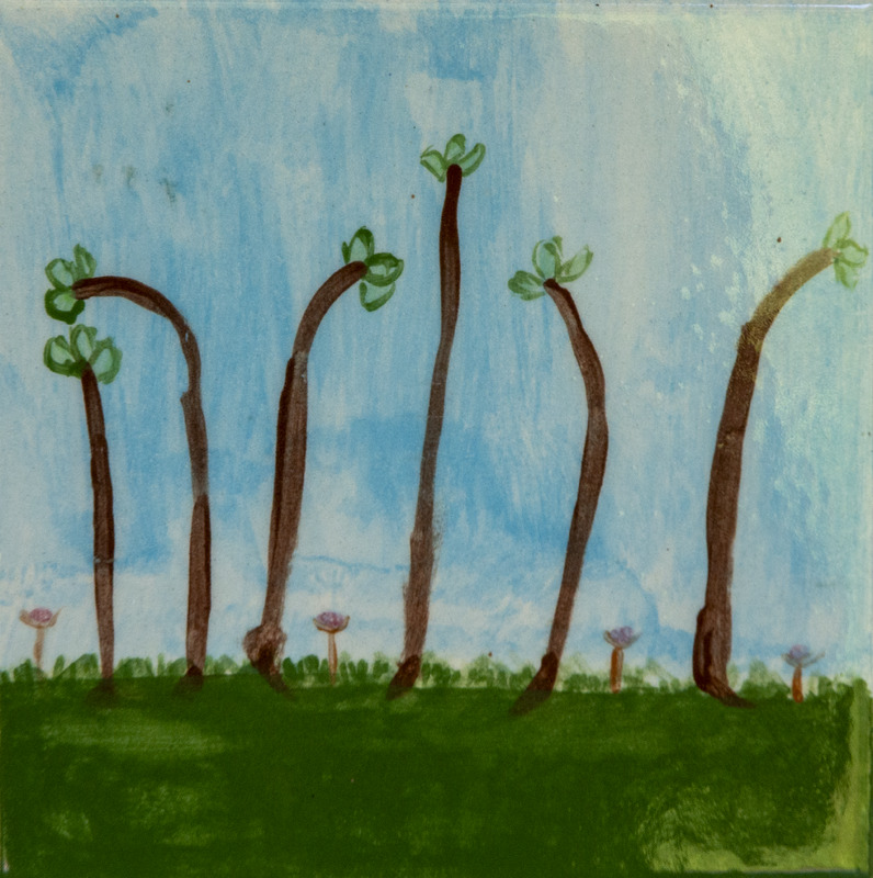 Painting of tall, slender trees with small green leaves, standing in grass under a blue sky with tiny flowers below.
