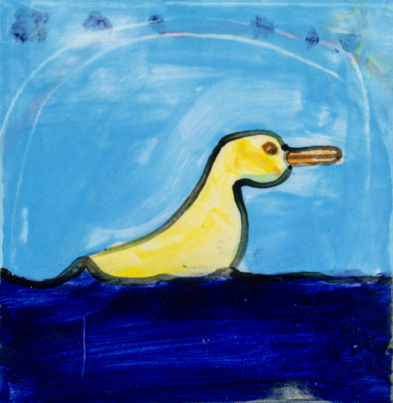Painting of a yellow duck swimming in dark blue water in front of a light blue sky.