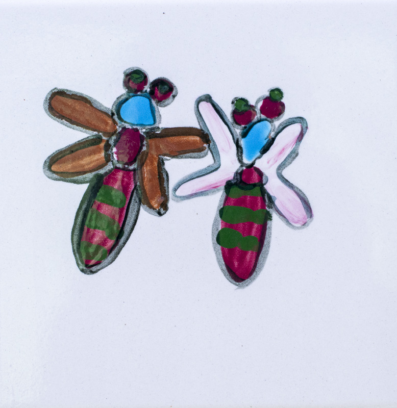Painting of two multicolored winged insects.