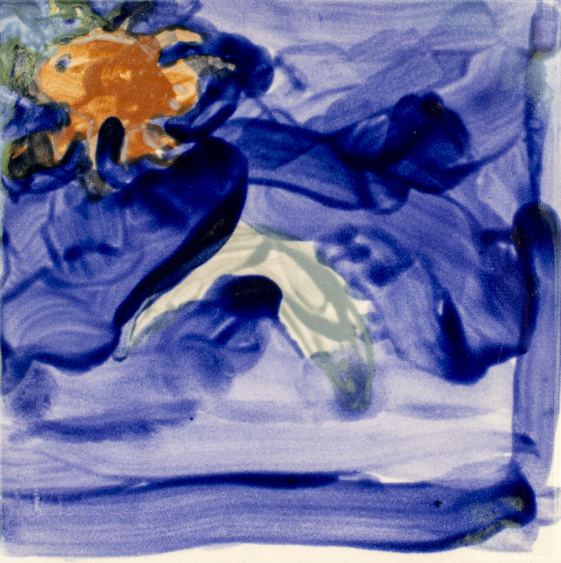 Painting of an orange water spider in dark blue water.