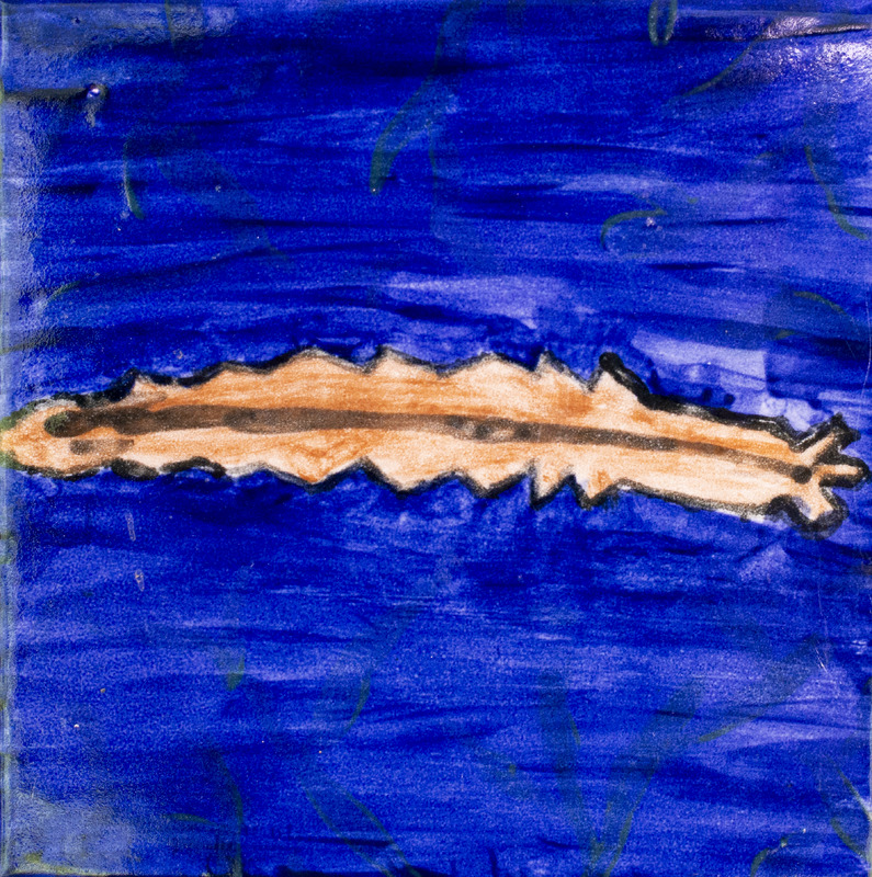 Painting of skinny brown worm against dark blue background.