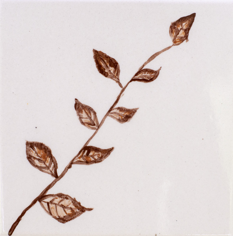 Painting of a brown branch with several leaves along it.