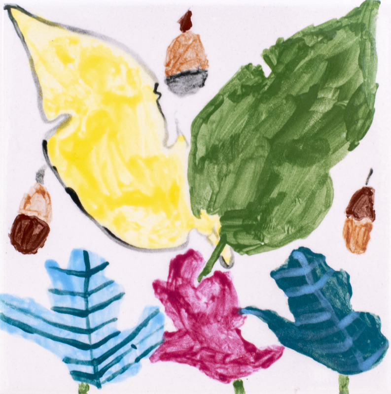 Painting of acorns and colorful leaves.